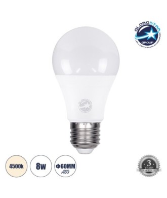 GLOBOSTAR® GLOBE 60025 Λάμπα E27 A60 LED 8W 776lm 260° AC 220-240V IP20 Φυσικό Λευκό 4500K - Lumileds SMD Chip - Λευκό Γαλακτερό - Μ6 x Π6 x Υ11cm - 3 Χρόνια Εγγύηση